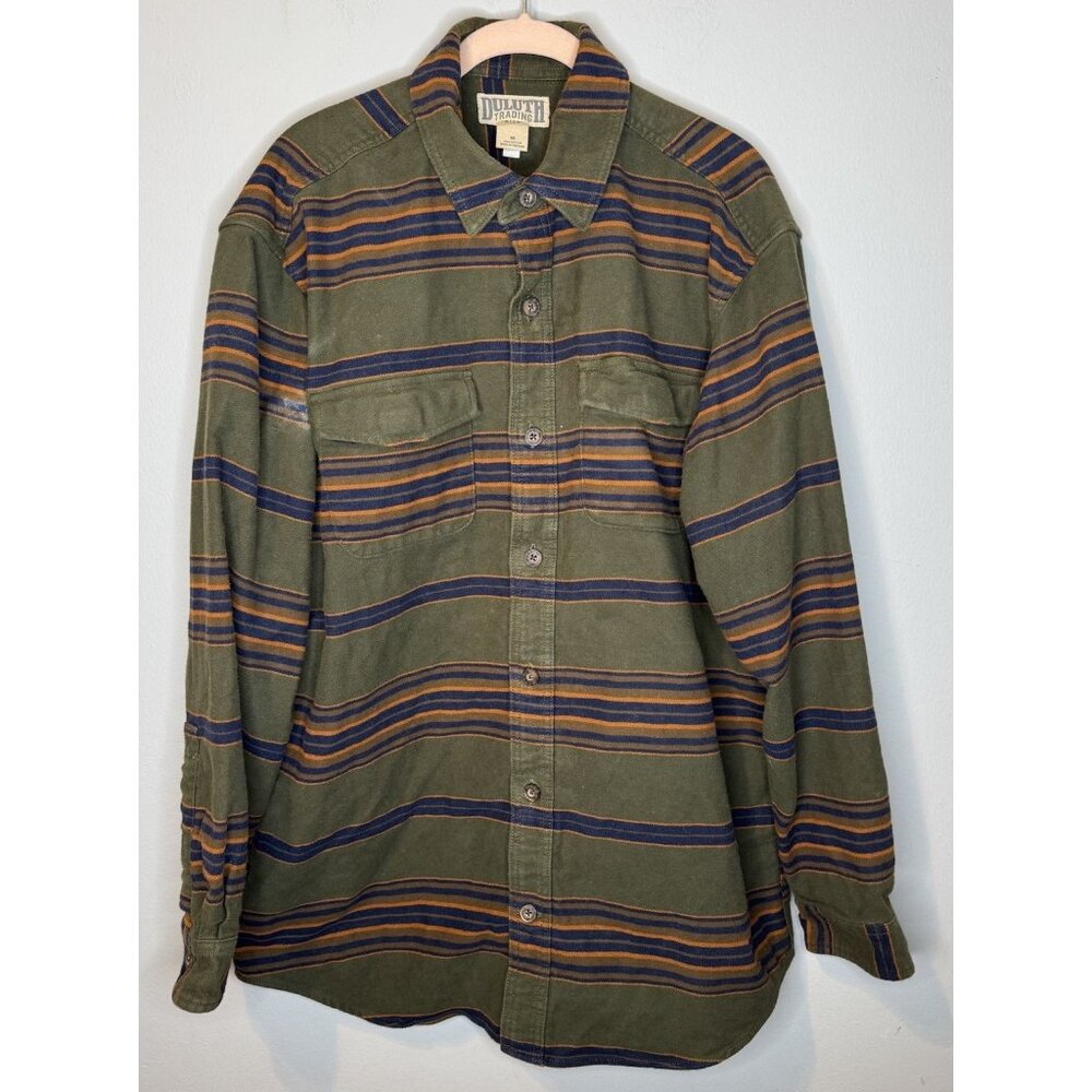 Men’s Duluth Trading Shacket Medium Green Long Sleeve Button Front Stripes